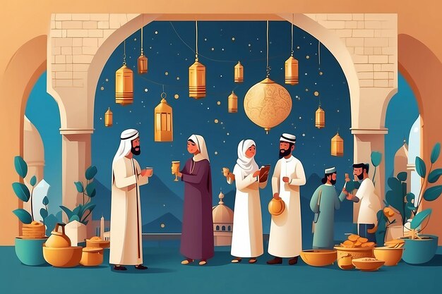 Platte mensen die Eid al-Adha vieren illustratie