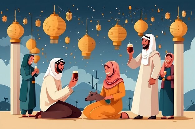 Platte mensen die Eid al-Adha vieren illustratie