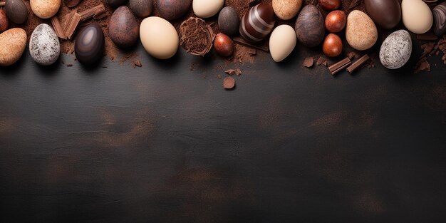 Platte paascompositie met gekleurde en chocolade eieren