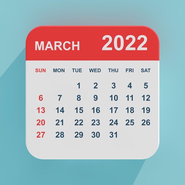 Platte pictogramkalender maart 2022 op een blauwe achtergrond 3d-rendering