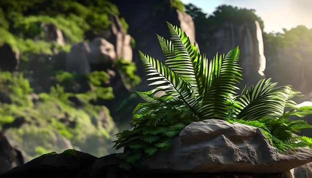 platte stenen podium en tropieke bladeren natuurlijke achtergrond gegenereerd door AI