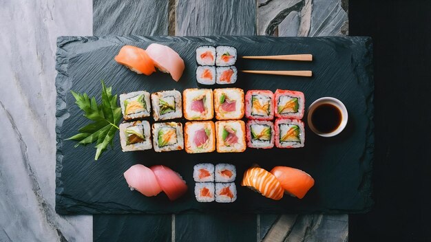 Platte sushi op een leisteen achtergrond