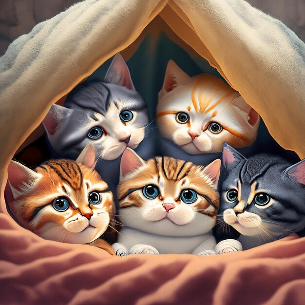 Platte tekening van schattige katten in verschillende kleuren