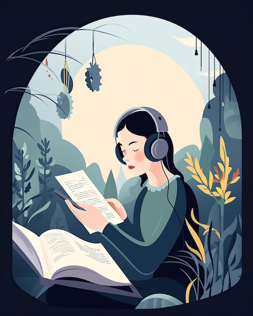Platte vectorillustratie van een vrouwelijk personage dat leest en luistert naar een audioboek gemaakt met Generative AI-technologie