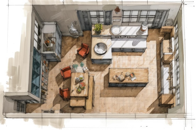 Plattegrond van een nieuwe keuken getekend door een architect