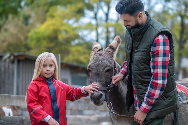 Plattelands leven. Vader en dochter op de veeboerderij met een ezel