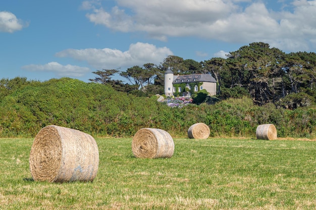 Plattelandslandschap in Bretagne Noord-Frankrijk Hooibalen in het veld oud kasteel op de achtergrond