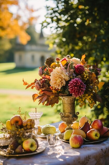 Plattelandsleven fruittuin en bloemendecor herfstbloemen en herfstfruitoogstviering country cottage-stijl generatieve ai