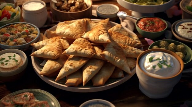 A platter of assorted Greek meze including spanakopita and tzatziki