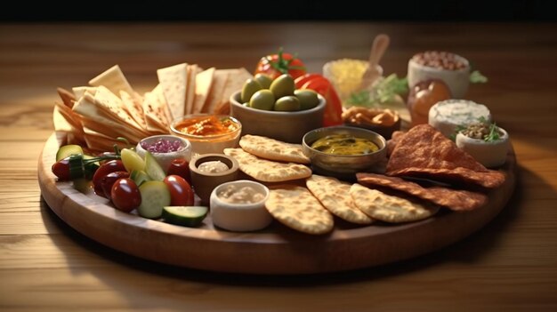 A platter of assorted Mediterranean mezze with pita bread