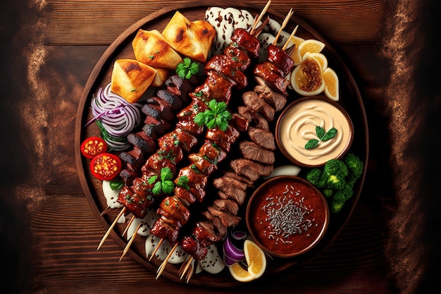 A platter of barbecue skewers with tender meat and sauce