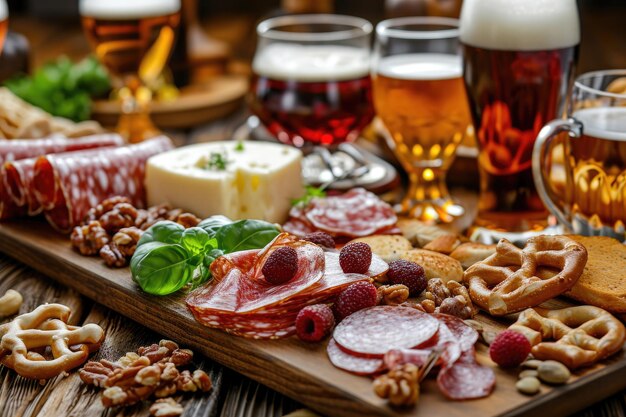 A platter of Belgian beer snacks including artisanal cheeses cured meats and crispy pretzels