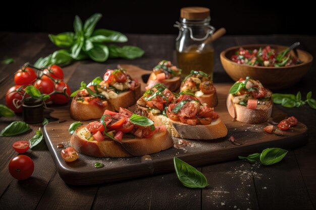 Platter of bruschetta served with various toppings