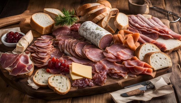 a platter of cheeses including salami cheese and bread