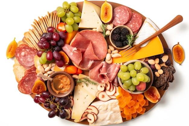 A platter of cheeses, meats, and cheeses with a yellow fork.