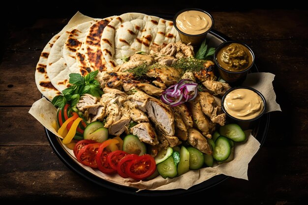 Platter of chicken shawarma topped with pickles and hummus created with generative ai