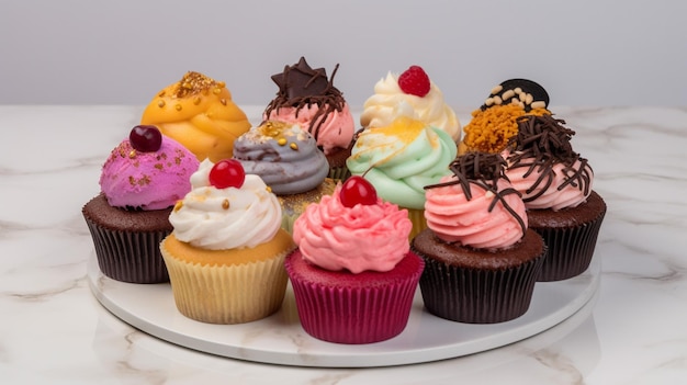 A platter of cupcakes with different flavors including a cherry, chocolate, and vanilla.