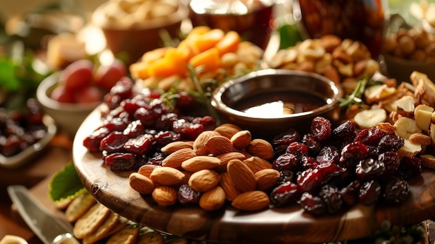 A platter of dried fruit and nuts as a starter served with artisanal crackers and y dips