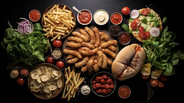 Foto un piatto di fast food con patatine fritte, pollo e altri articoli