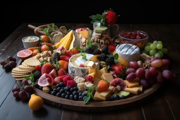 생성 AI로 만든 과일과 치즈를 포함한 다양한 음식으로 채워진 플래터