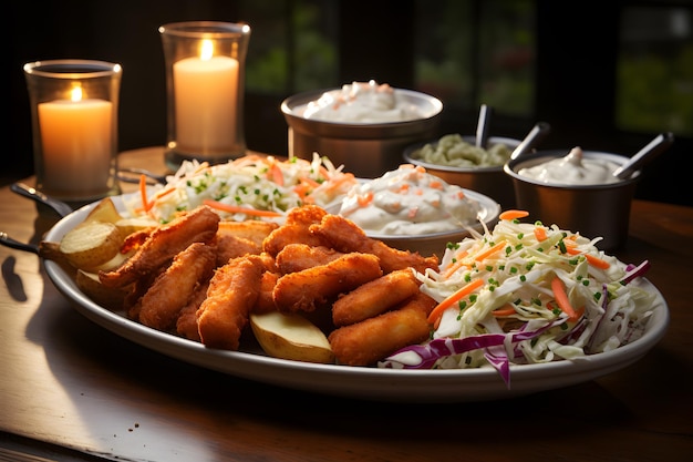 Platter filled with goldenbrown catfish fillets hushpuppies coleslaw and a side of tartar sauce