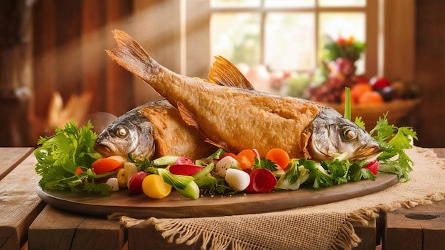 a platter of fish with vegetables and a fish on it