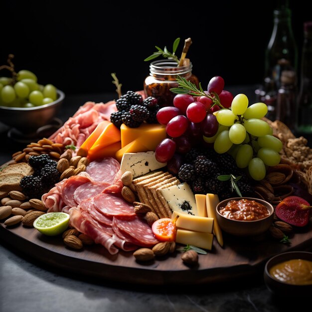 a platter of food including grapes nuts and nuts