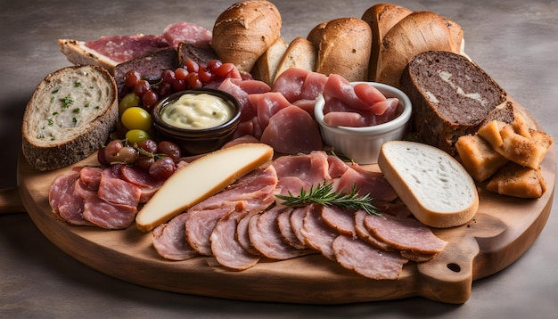 a platter of food including ham cheese and grapes