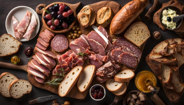 a platter of food including meat cheese and bread