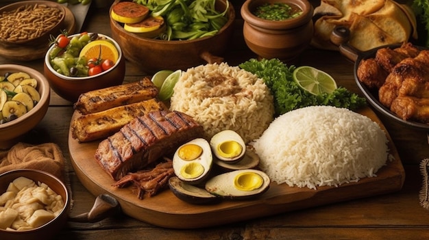 A platter of food including rice, meat, and eggs.