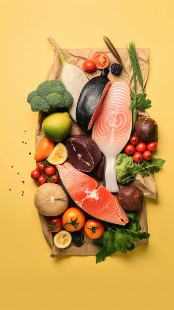 A platter of food including salmon, broccoli, and other foods including broccoli.