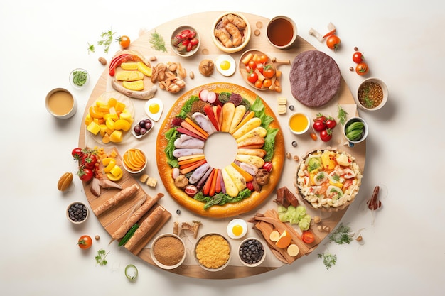 A platter of food including a variety of foods including meat, vegetables, and nuts.