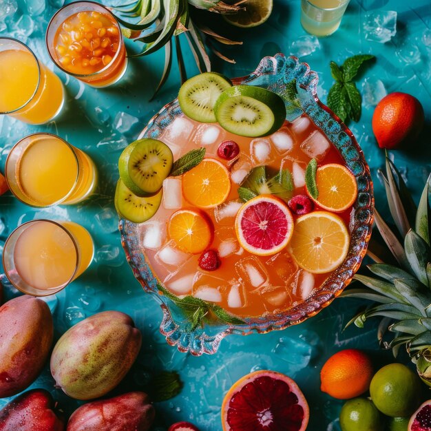 Platter of Fresh Fruit and Drinks on Table