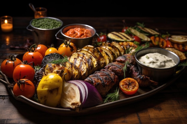 Platter of freshly grilled food ready to serve