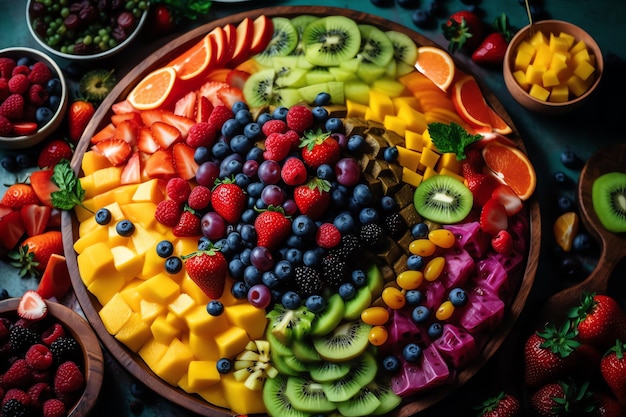 A platter of fruit including a variety of fruits.