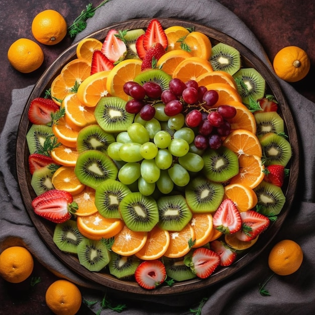 A platter of fruit with a bunch of grapes on it