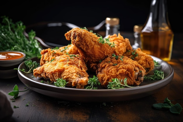 Platter of golden fried chicken with fresh herbs and hot sauce created with generative ai