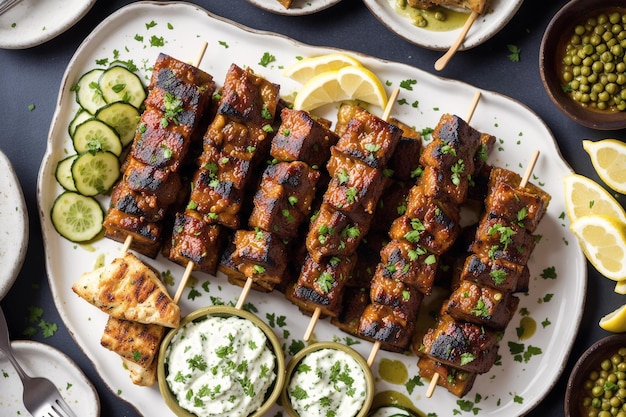 A platter of grilled chicken skewers with a side of cucumber and a side of yogurt.