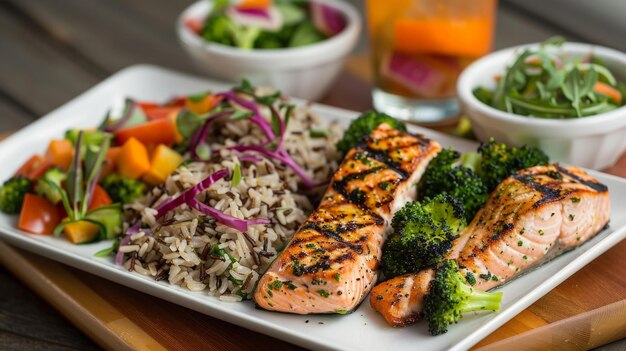 Photo a platter of grilled salmon steamed broccoli and wild rice paired with a refreshing side salad and