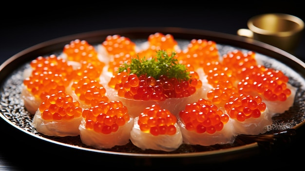 A platter of ikura salmon roe sushi with its vibrant popping orbs of roe