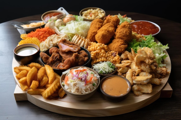 Platter of international fast food dishes each one unique and flavorful