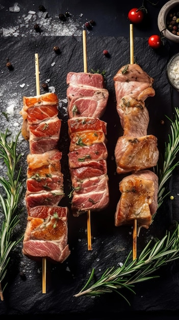 A platter of meat on a black background