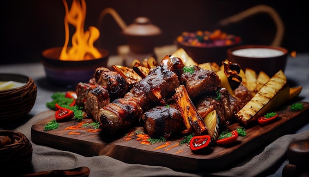 A platter of meat and vegetables with a fire in the background