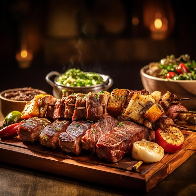 A platter of meat and vegetables with a green salad in the background.