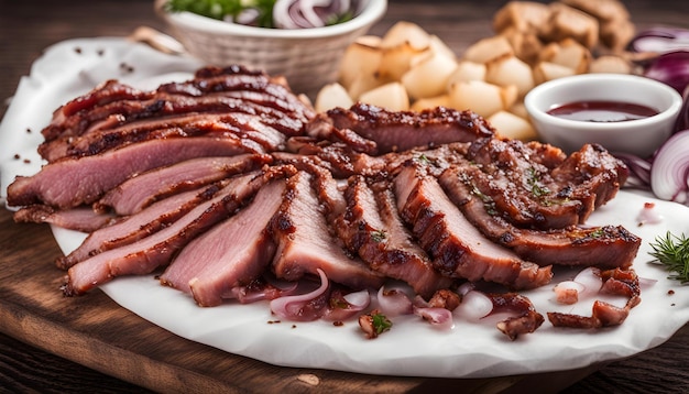 Photo a platter of meat with a basket of bread and vegetables