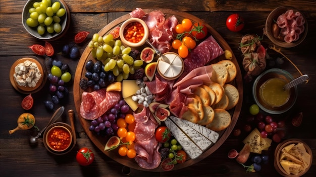 A platter of meats and cheeses with a bottle of wine on the table.