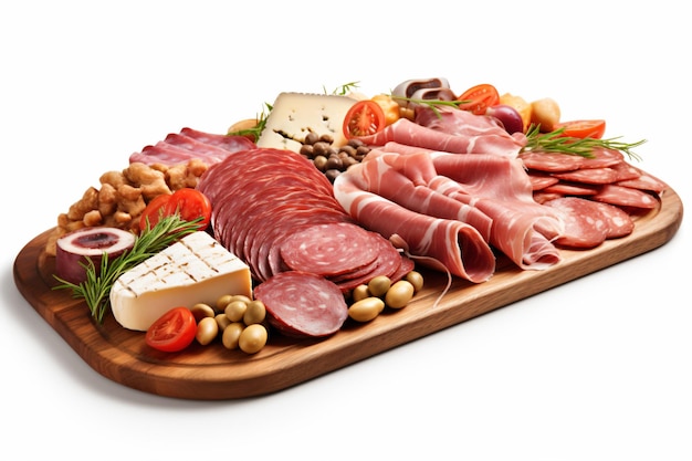 Photo a platter of meats and cheeses on a wooden board