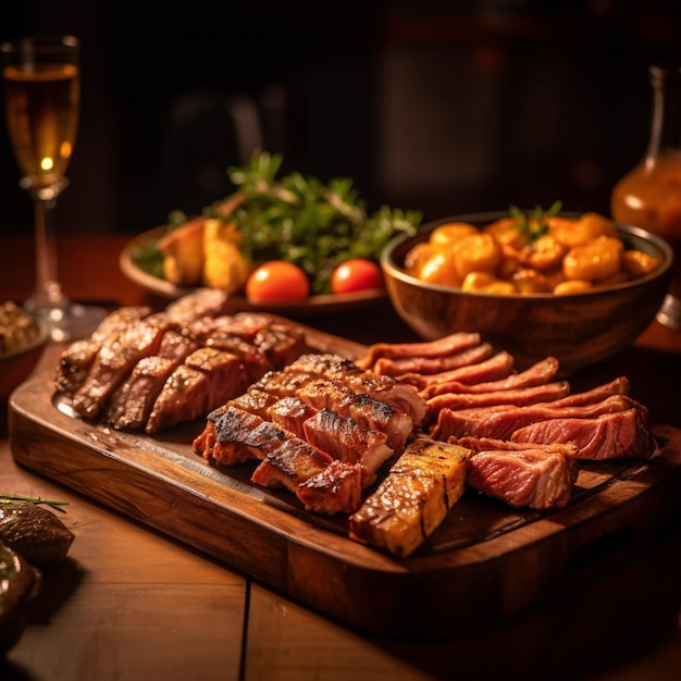 A platter of meats and vegetables on a table with a glass of wine