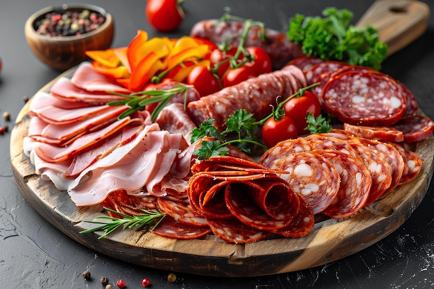 A platter of meats and vegetables on a wooden board with a wooden spoon and a bowl of tomatoes