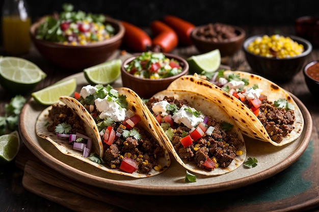 Platter of mexican street tacos with carne asada chorizo and al pastor in corn tortillas